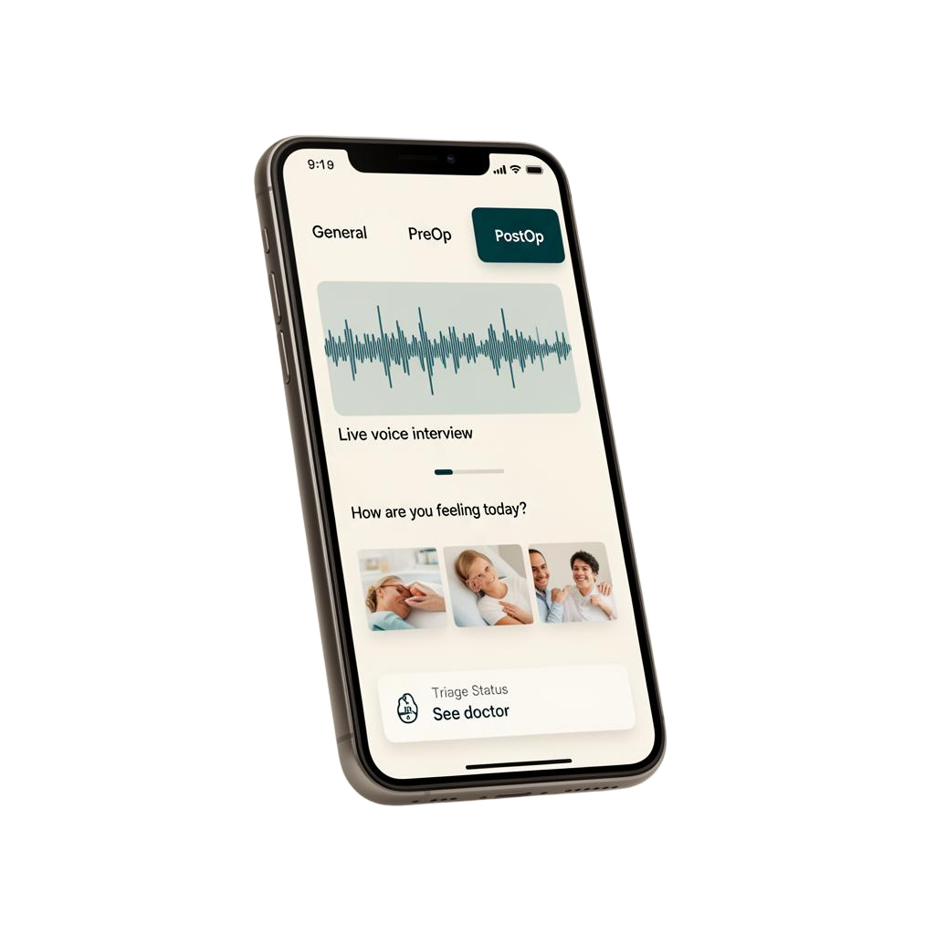 Triager mobile app showing General, PreOp and PostOp workflows with live voice interview, photo uploads and triage status